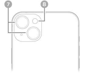 The back view of iPhone 14 Plus. The rear cameras and flash are at the top left.  