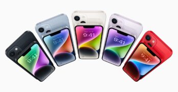 Ten iPhone 14 and iPhone 14 Plus devices arranged in an arc-like shape are shown.  
